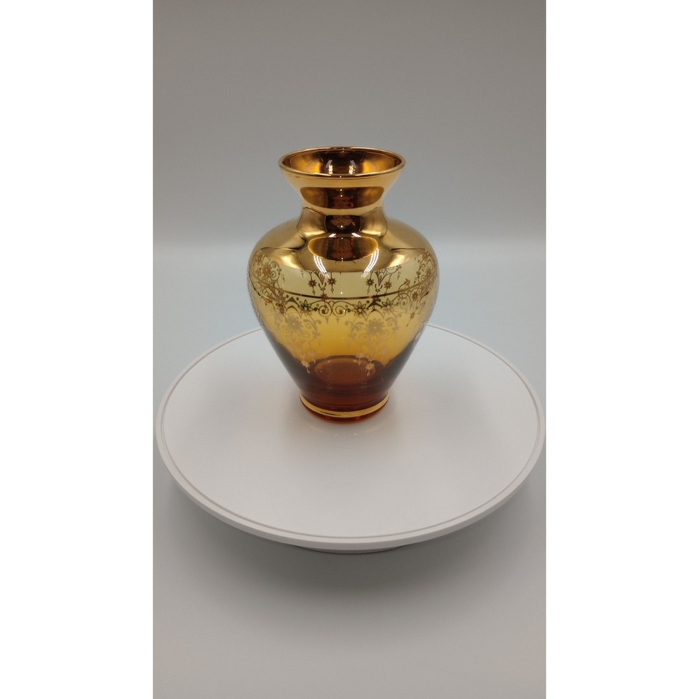 Vintage Vecchia Vase Hand Blown Amber Glass Gold Gilt Trim